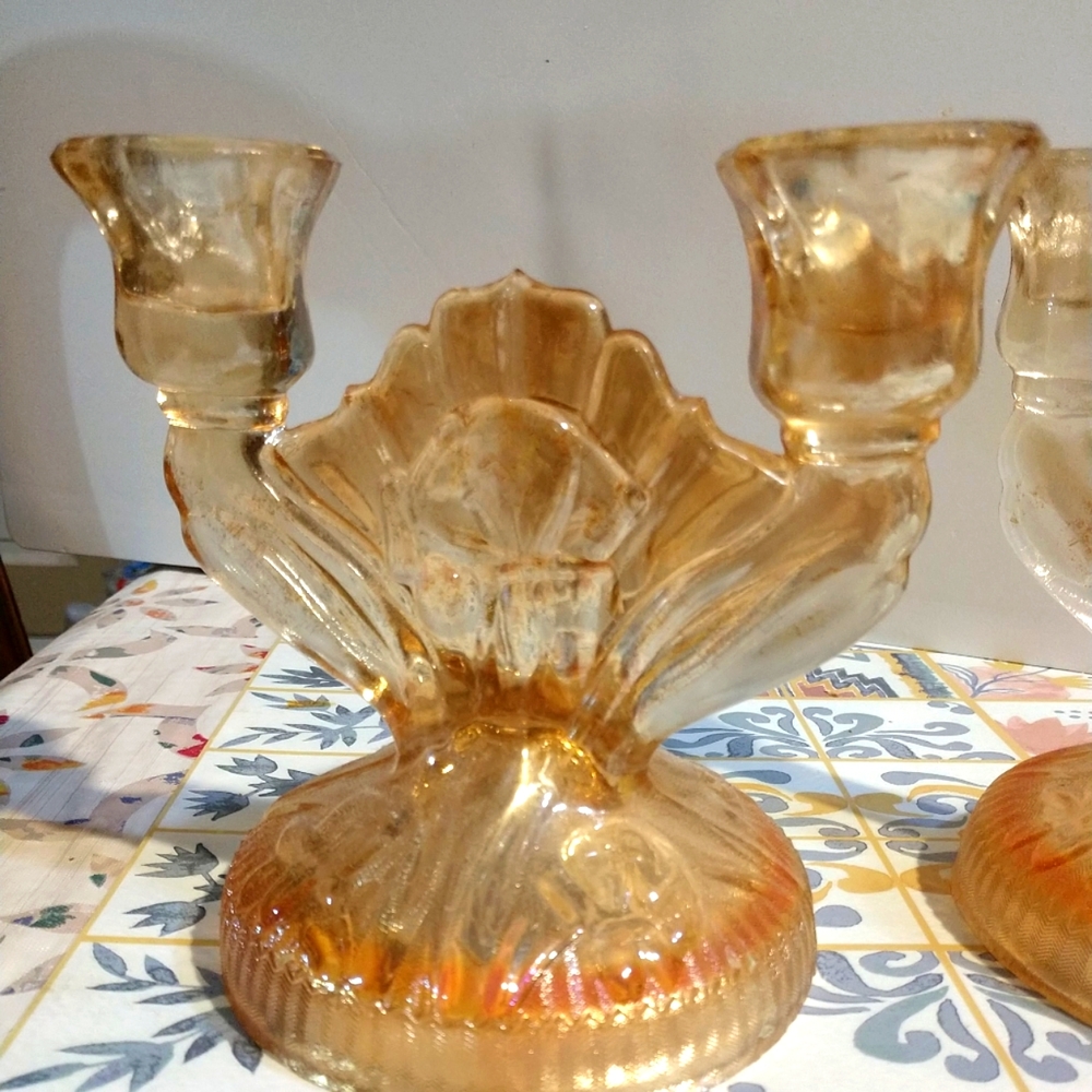 Vtg Depression Carnival Glass Iris Flowers Orange Marigold Candle Holders - Picture 5 of 11